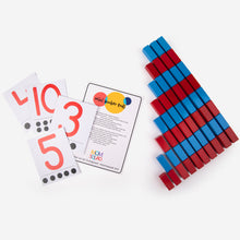 Load image into Gallery viewer, Red and Blue mini number rods, arranged with number flash cards.
