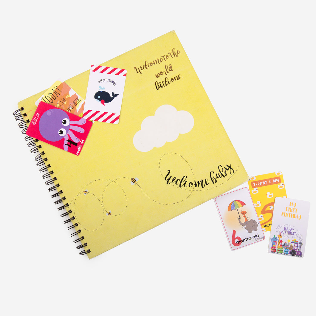 yellow book, record baby details, closed book, with month cards